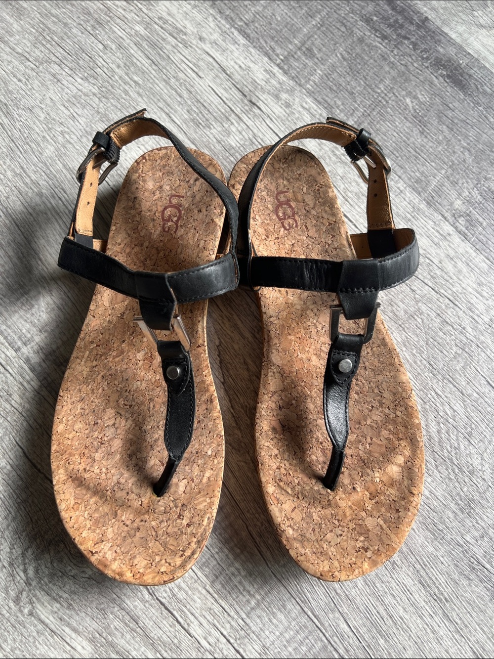 UGG Aleigh Black Leather T-Strap Cork Footbed Slingback Sandals Size 7